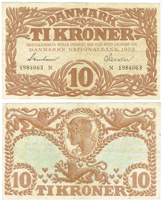 Seddel: 10 kr. 1939 bogstav N i kv. 1+