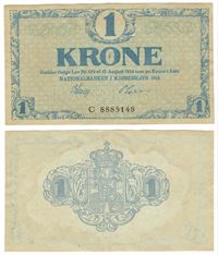 Seddel: 1 kr. 1918 bogstav C i kv. 1 - misfarvet og hul