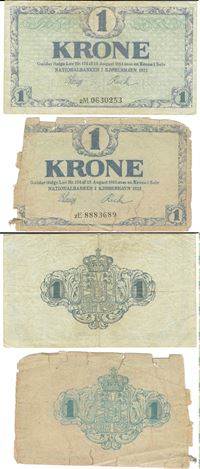Seddel: 1 kr. 1921 bogstav 2M og 2E i kv. 1- og 2