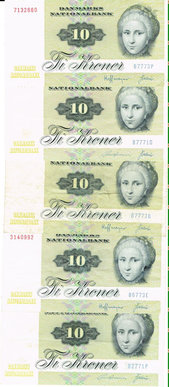 Seddel: 10 kr. 1977 - 5 stk. i kv. 1+