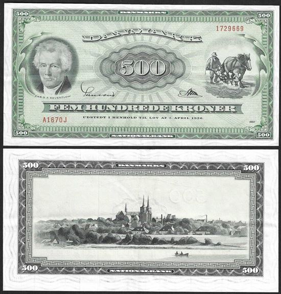 Seddel: 500 kr. 1967 A1670J i kv. 1+ - Erstatningsseddel