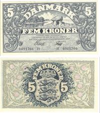 Seddel: 5 kr. 1929 bogstav H i kv. 01
