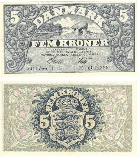 Seddel: 5 kr. 1929 bogstav H i kv. 01