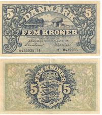Seddel: 5 kr. 1942 bogstav H i kv. 01