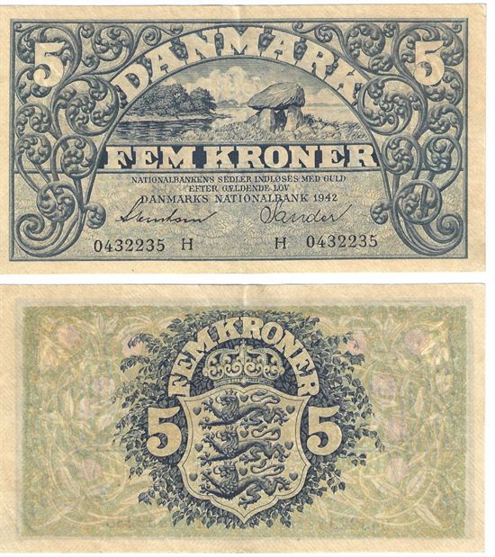 Seddel: 5 kr. 1942 bogstav H i kv. 01