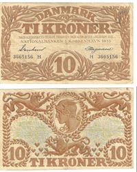 Seddel: 10 kr. 1935 bogstav H i kv. 1+