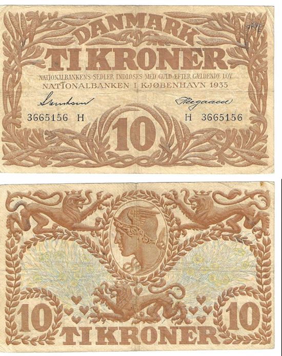 Seddel: 10 kr. 1935 bogstav H i kv. 1+