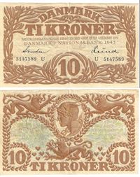 Seddel: 10 kr. 1943 bogstav U i kv. 1+