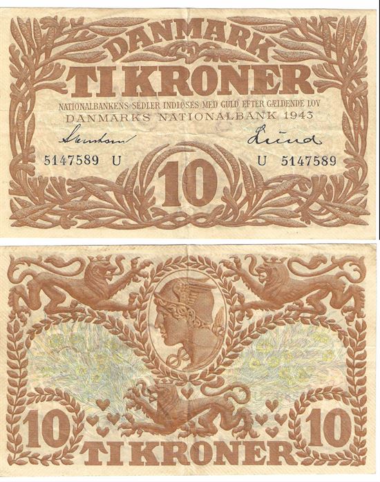 Seddel: 10 kr. 1943 bogstav U i kv. 1+
