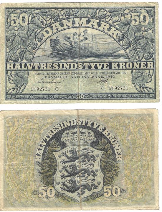 Seddel: 50 kr. 1942 bogstav C i kv. 1 - 1+