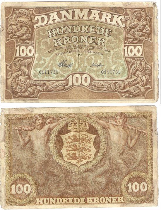 Seddel: 100 kr. 1930 uden bogstav i kv. 1+