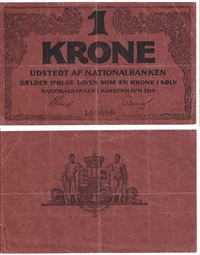 Seddel: 1 kr. 1914 klipfisk 6 cifre i kv. 1+