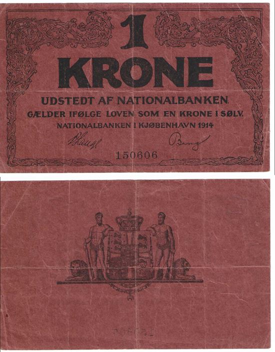 Seddel: 1 kr. 1914 klipfisk 6 cifre i kv. 1+