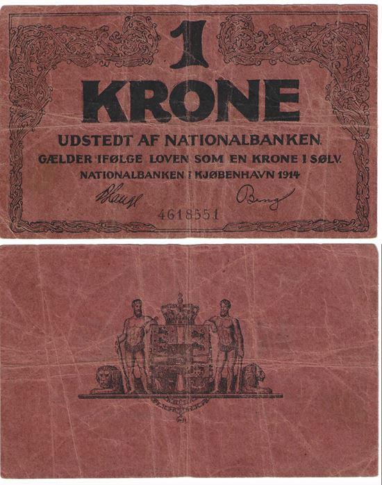 Seddel: 1 kr. 1914 falk 7 cifre i kv. 1- - 1
