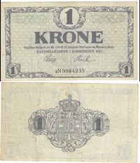 Seddel: 1 kr. 1921 bogstav 2N i kv. 1+