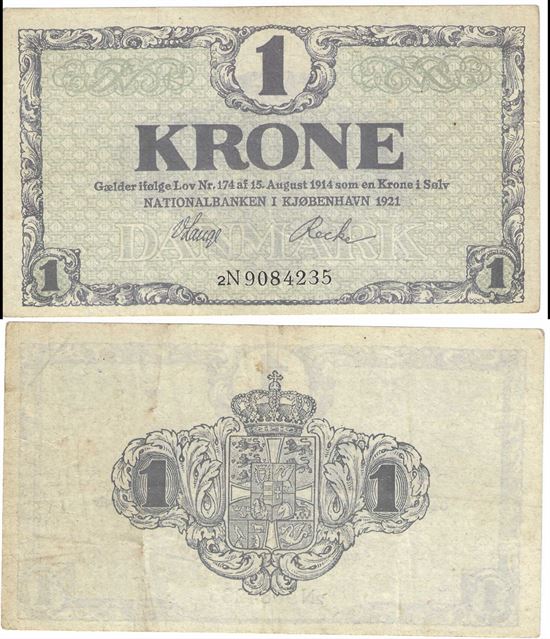 Seddel: 1 kr. 1921 bogstav 2N i kv. 1+