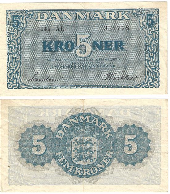 Seddel: 5 kr. 1944 bogstav AL i kv. 1+