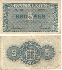 Seddel: 5 kr. 1945 bogstav BE i kv. 1-