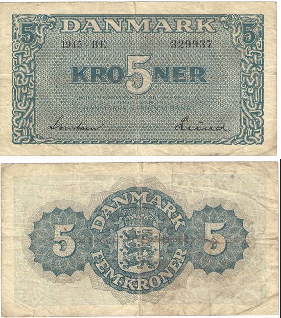 Seddel: 5 kr. 1945 bogstav BE i kv. 1-