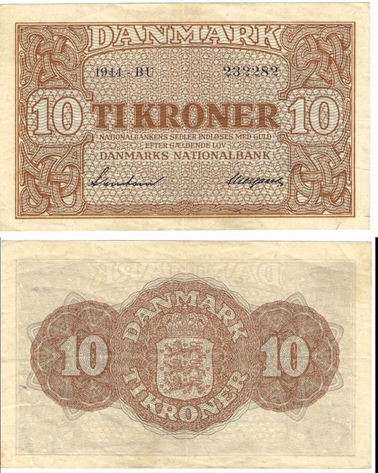 Seddel: 10 kr. 1944 bogstav BU i kv. 1+