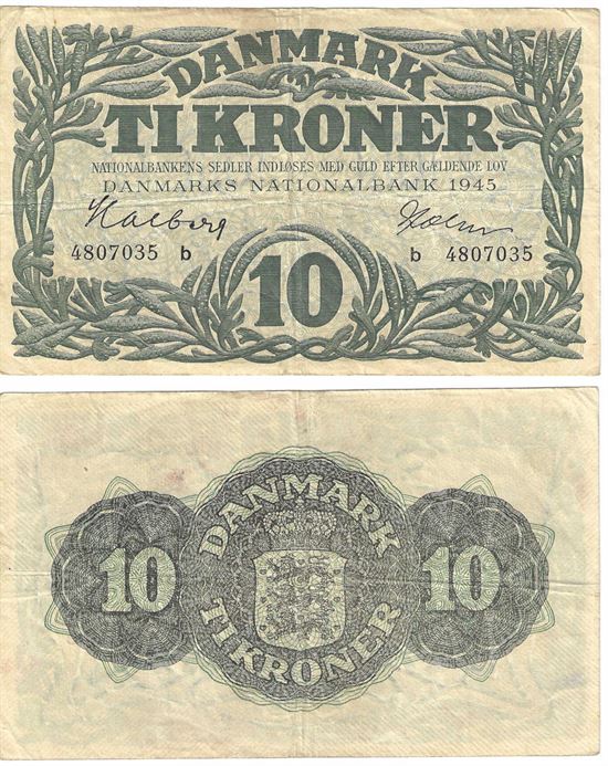Seddel: 10 kr. 1945 bogstav b i kv. 1