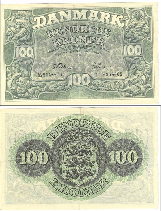 Seddel: 100 kr. 1957 bogstav r i kv. 01