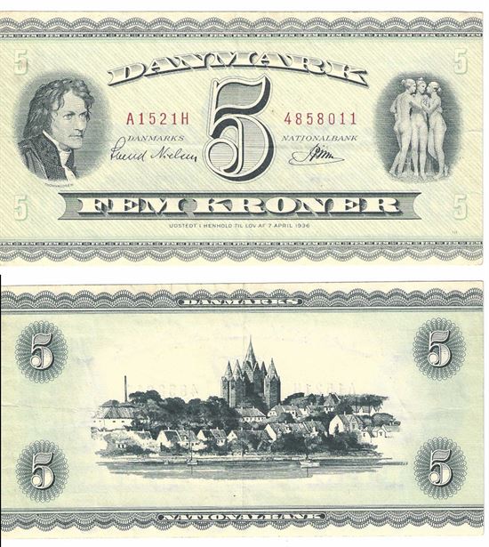 Seddel: 5 kr. 1952 A1521H i kv. 1+