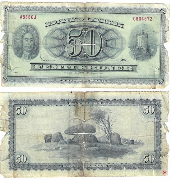 Seddel: 50 kr. 1966 A8660J i kv. 1- - erstatningsseddel 