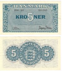 Seddel: 5 kr. 1950 bogstav DZ i kv. 01 - 0