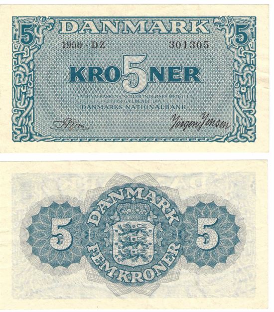 Seddel: 5 kr. 1950 bogstav DZ i kv. 01 - 0