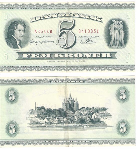 Seddel: 5 kr. 1954 A3544b i kv. 1+