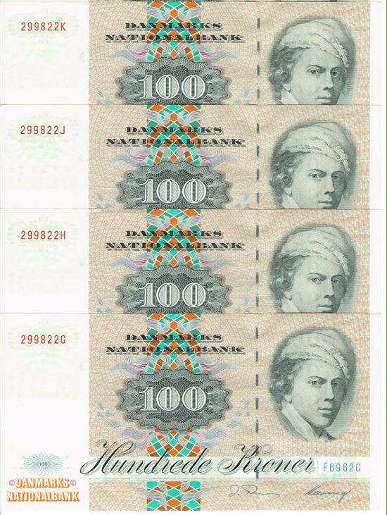 Seddel: 100 kr. 1996 F6962 i kv. 0 4 stk. fortløbende nr.